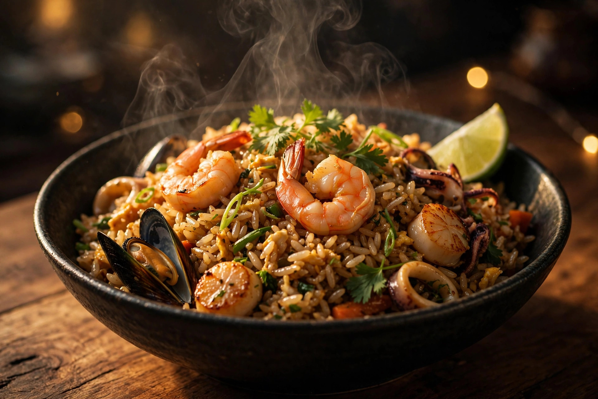 Arroz al wok de mariscos con camarones, humeante