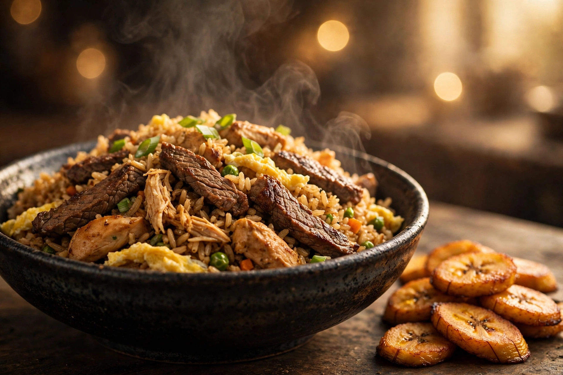 Arroz al wok mixto con res, pollo, huevo y plátano maduro
