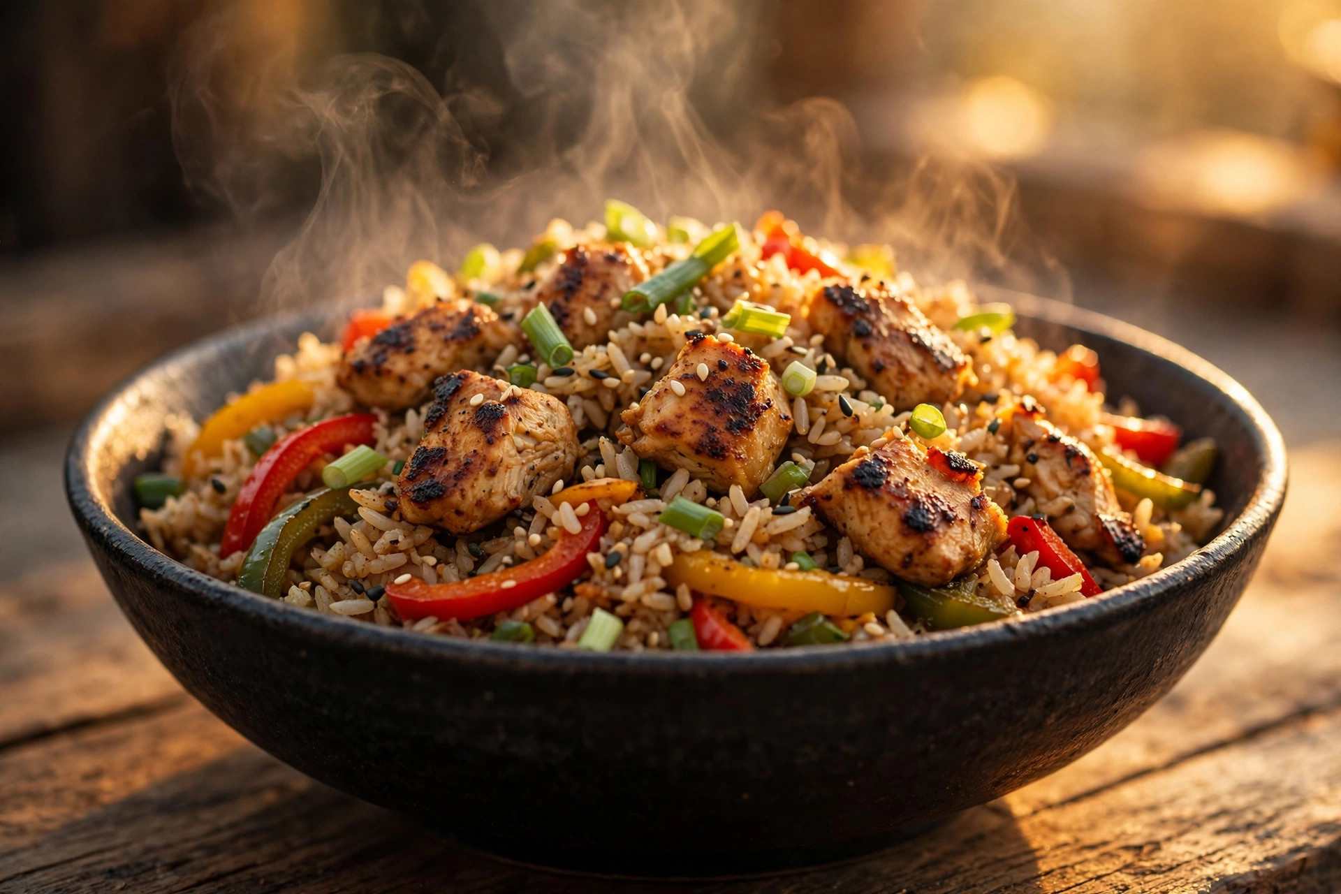 Arroz al wok de pollo dorado con vegetales, humeante