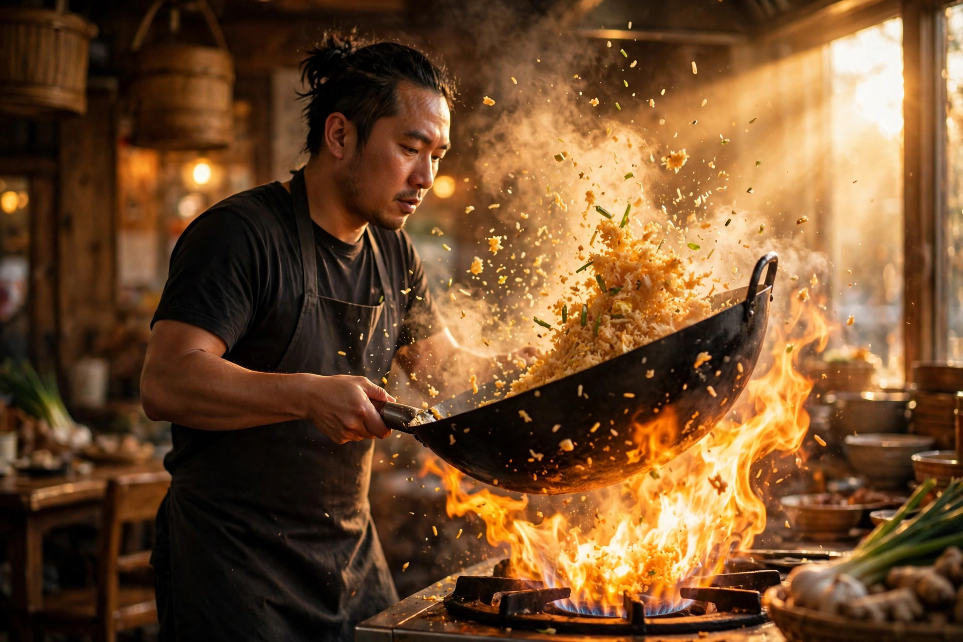 Cocinero preparando un arroz al wok sobre el fuego, a la luz dorada