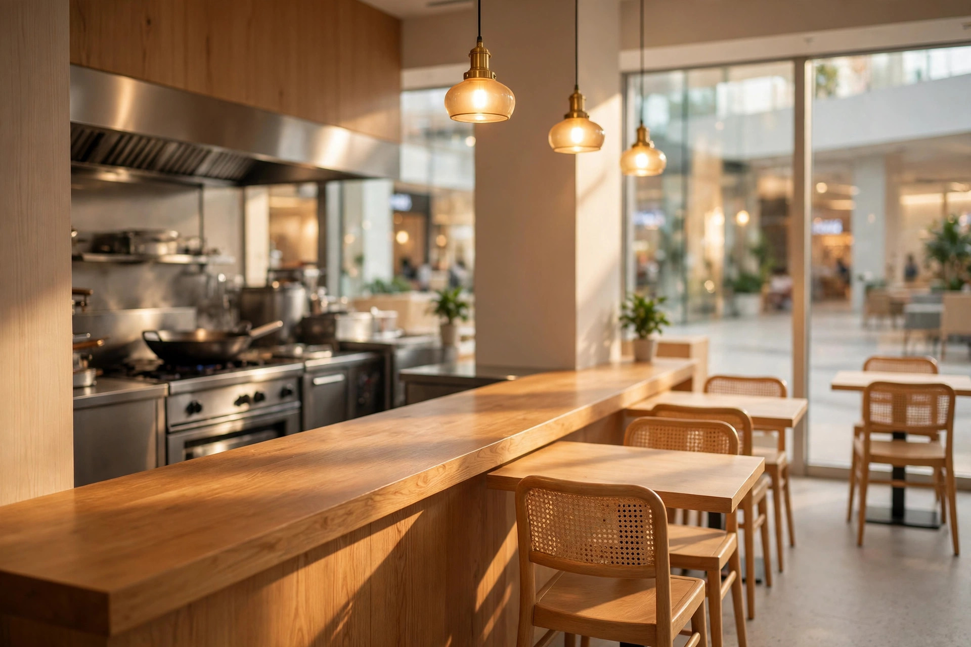 Interior cálido y nuevo de un restaurante con cocina abierta y estación de wok